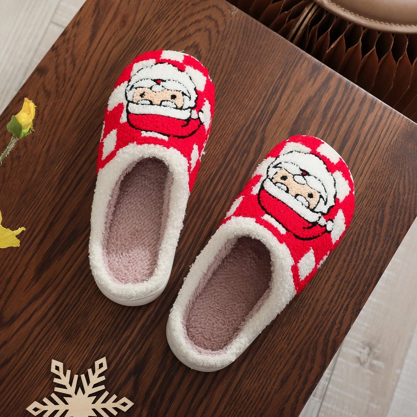 Soft, plush Santa Claus plaid slippers with non-slip soles for cozy indoor wear
