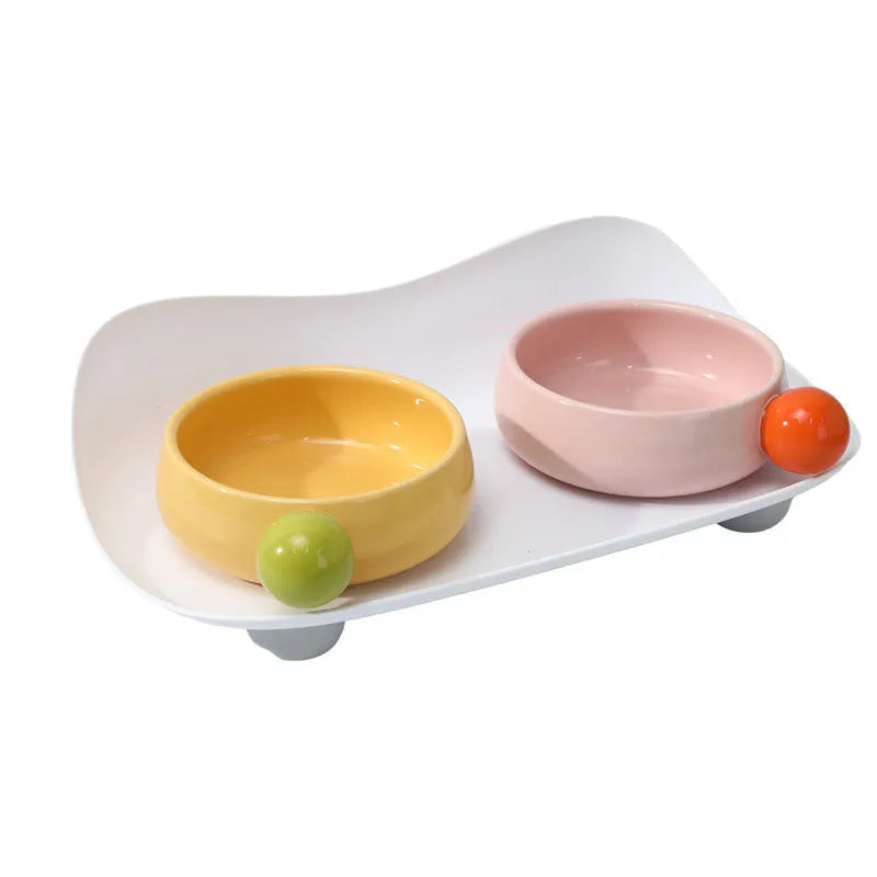 Ceramic raised pet bowl set with two bowls on non-slip base for cats and small dogs