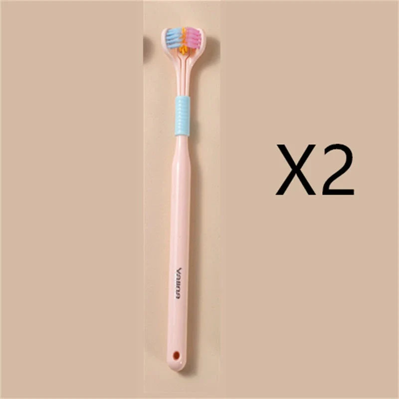 A soft bristle toothbrush with a unique triple-sided brush head for deep cleaning and customizable bristle firmness.