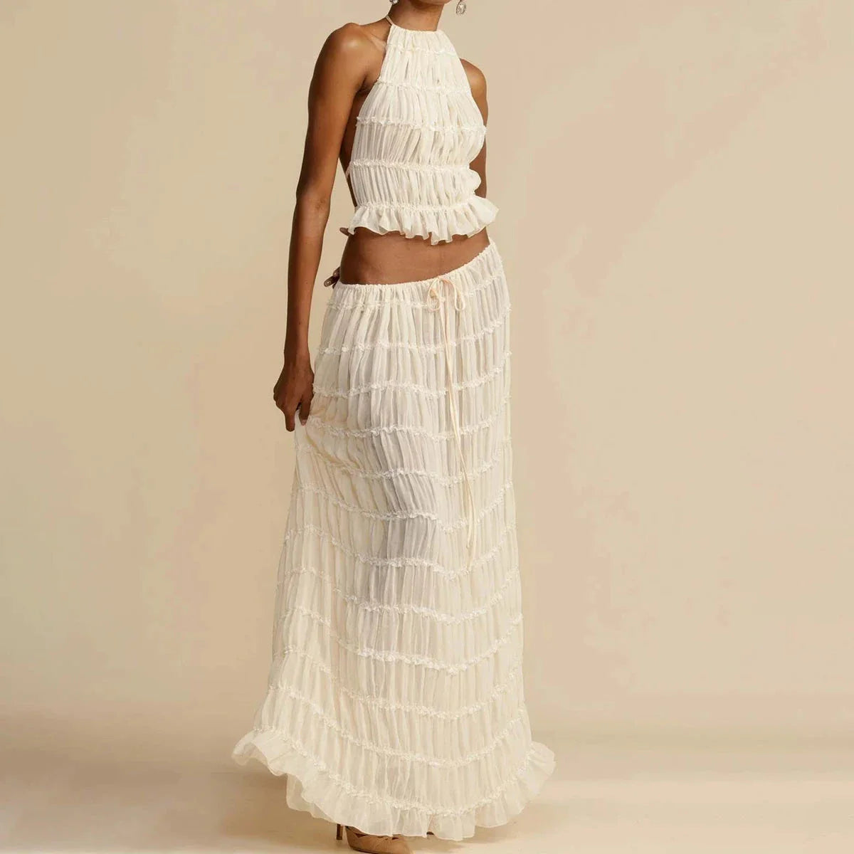 Chic backless halter top and flowing pleated maxi dress set in various vibrant colors