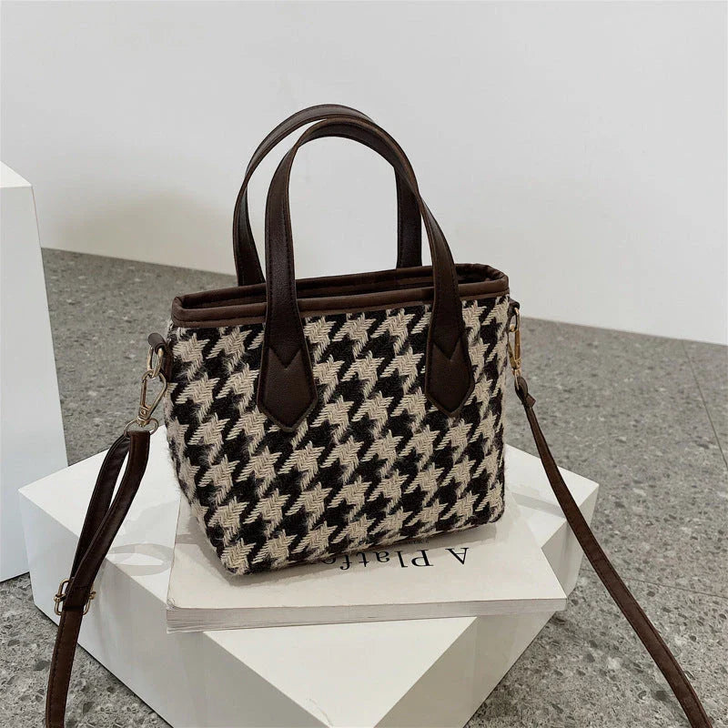 Premium houndstooth and plaid crossbody bags with stylish patterns, comfortable wool material, and versatile design