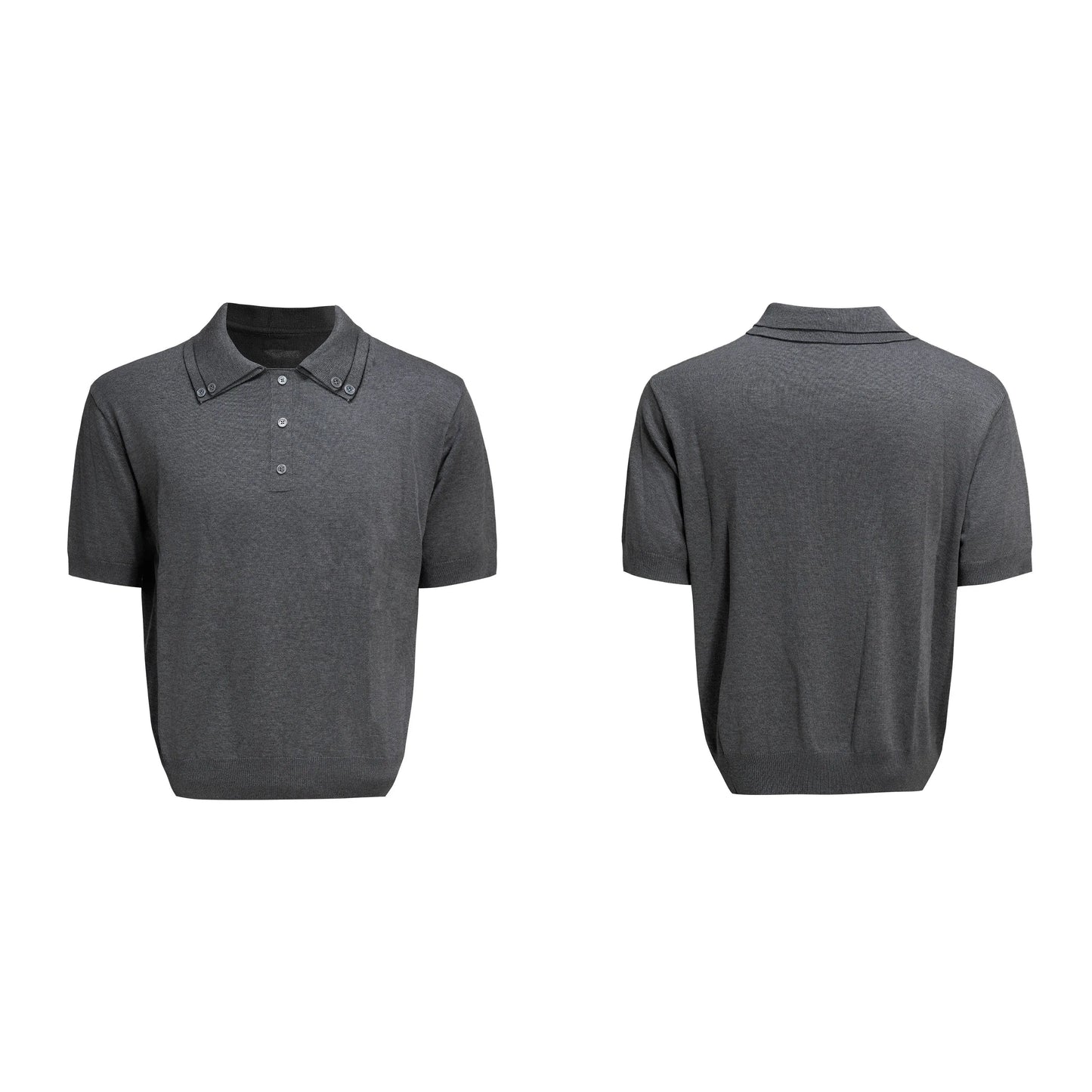 Men's slim knit short sleeve shirt with double collar design in black colour