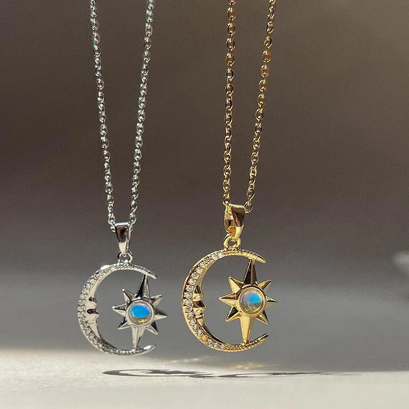 Stylish moon and star zircon pendant necklace with a dazzling celestial design and stainless steel construction
