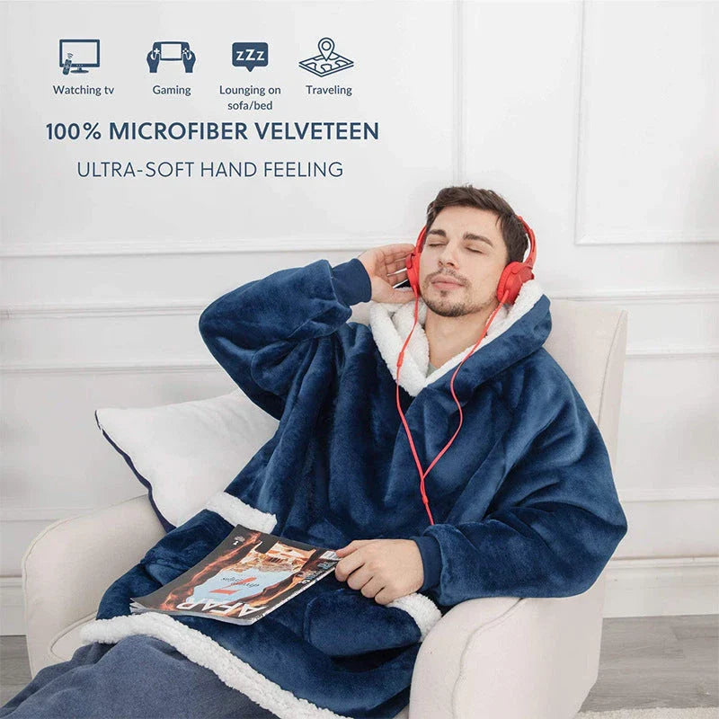 Cozy TV Hoodie Blanket in various colors, including pink, black, navy blue, wine red, and grey, with convenient pockets for relaxing at home