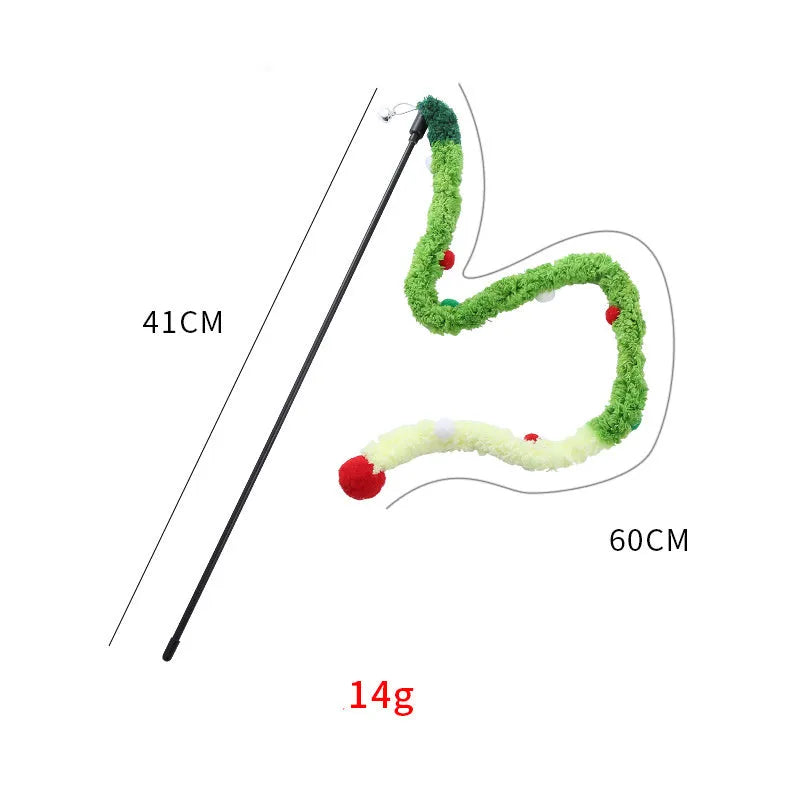 Interactive cat wand toy with plush strip, fluffy ball, and bells on a 41cm pole.