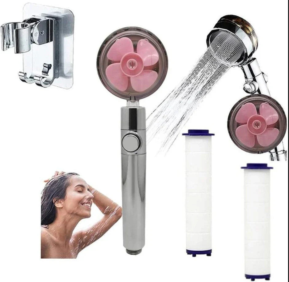 A high-pressure handheld shower head with a turbo-charged water flow and a cotton filter for a luxurious, spa-like bathing experience.