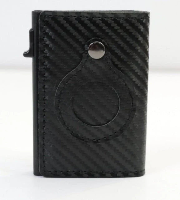 Premium leather wallet with built-in AirTag pocket and RFID blocking technology for secure everyday carry