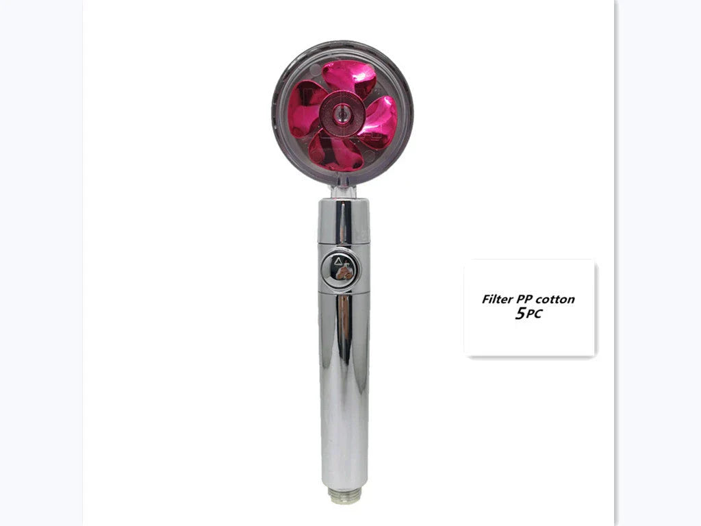 A high-pressure handheld shower head with a turbo-charged water flow and a cotton filter for a luxurious, spa-like bathing experience.
