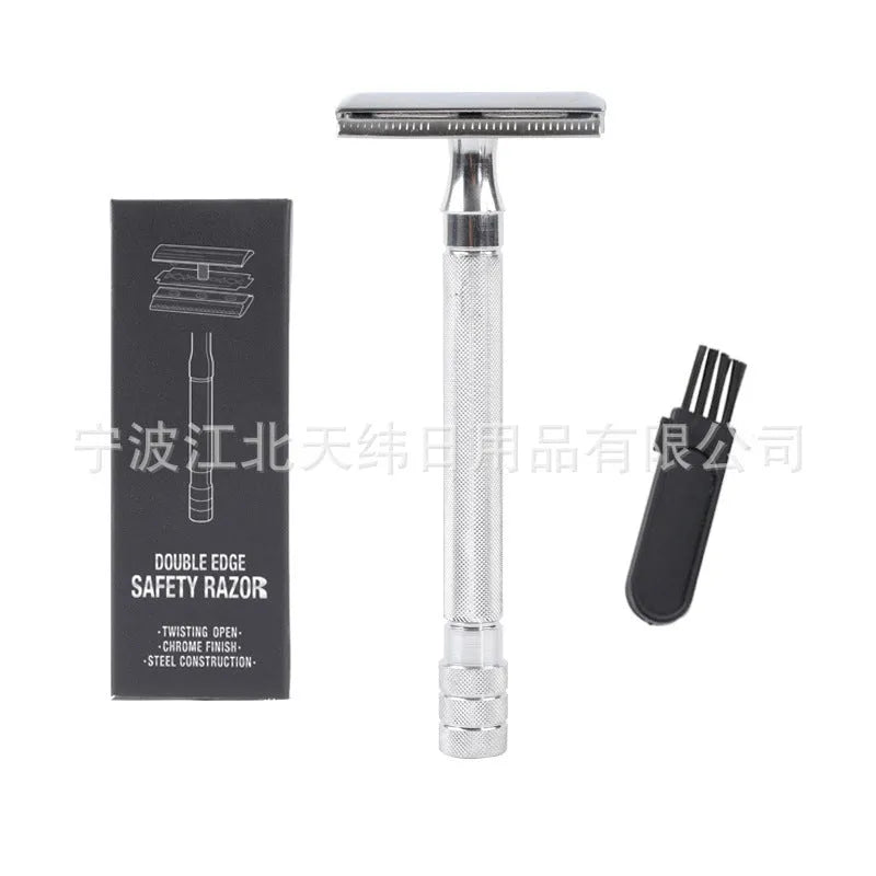Traditional manual pogonotomy metal scraper and brush set in black or silver colour