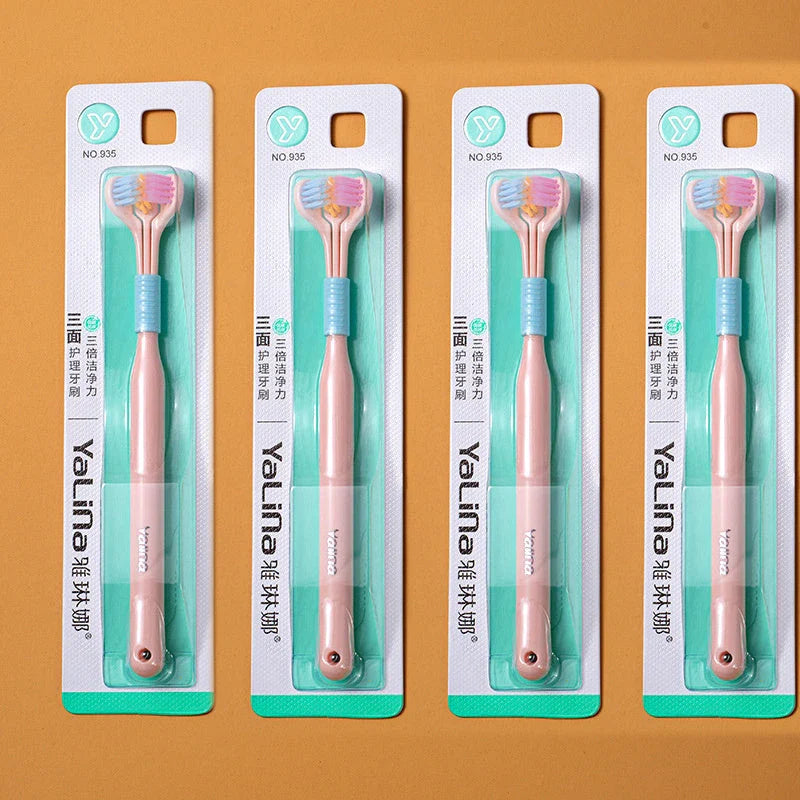 A soft bristle toothbrush with a unique triple-sided brush head for deep cleaning and customizable bristle firmness.
