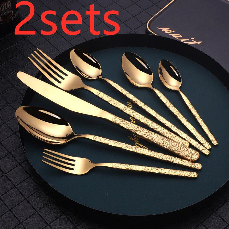 Premium embossed steak cutlery set with textured handles and mirror polish