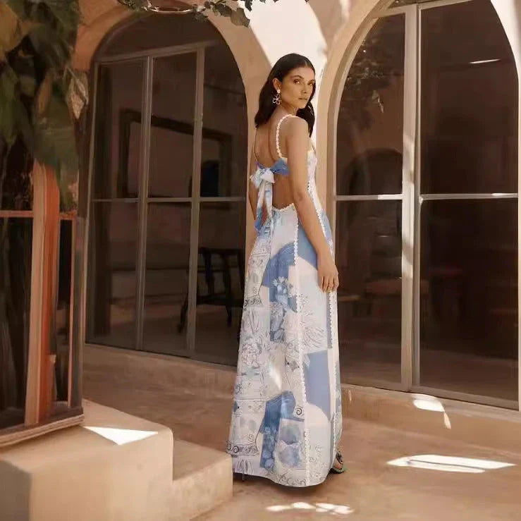 Floral lace maxi dress with backless design and bow accents