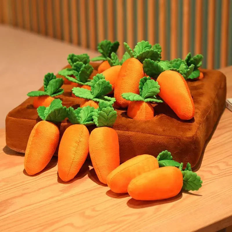 Plush carrot-shaped dog toy with snuffle mat for interactive play and mental stimulation