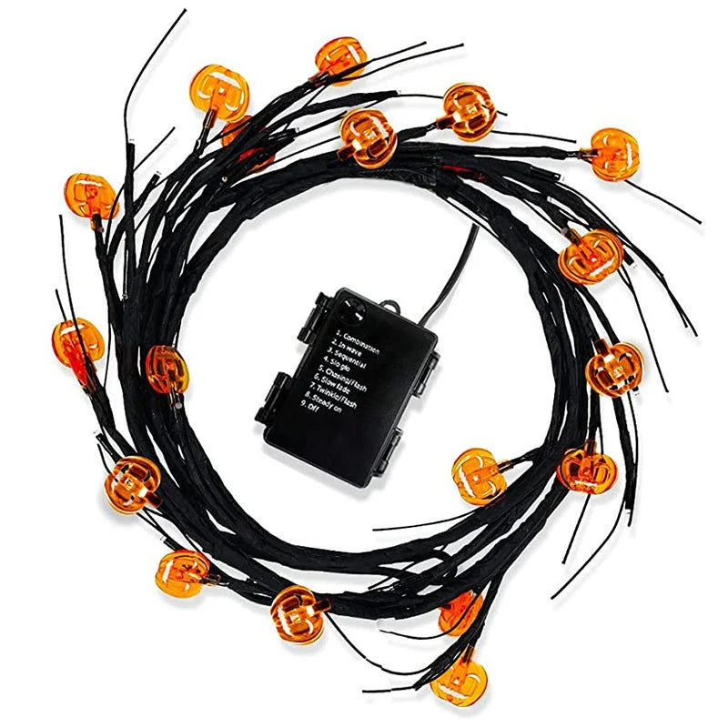 Enchanting Halloween vine lights with playful bat and pumpkin designs, creating a mesmerizing holiday display