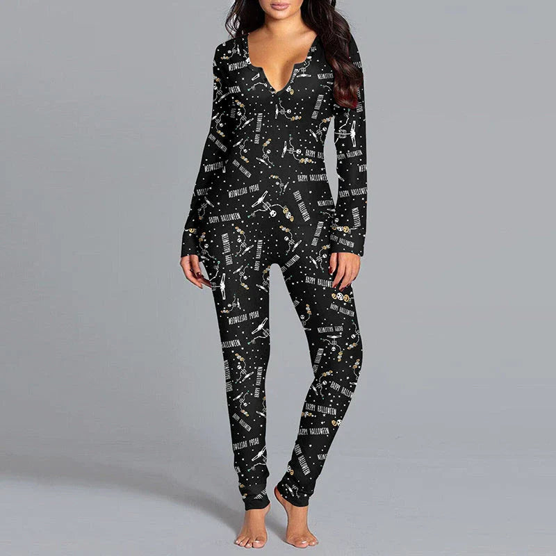 Cozy and stylish Halloween-themed pajama jumpsuit with long sleeves and a variety of color options