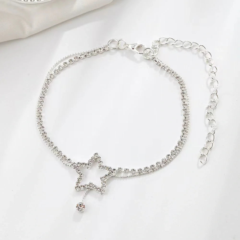 Elegant Rhinestone Star & Heart Anklet for Women in gold and silver