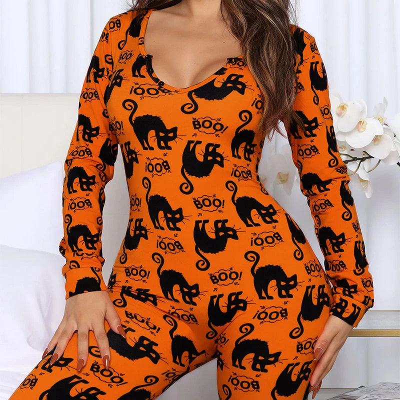 Cozy and stylish Halloween-themed pajama jumpsuit with long sleeves and a variety of color options