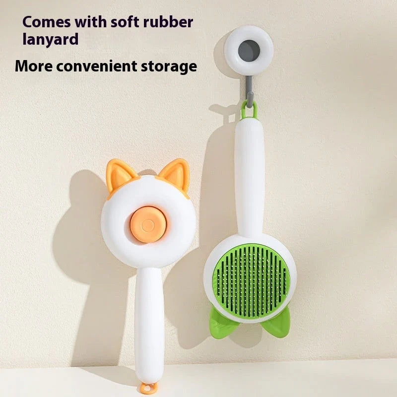 Dual-purpose pet grooming brush with self-cleaning design, available in greenish white and orange white colors