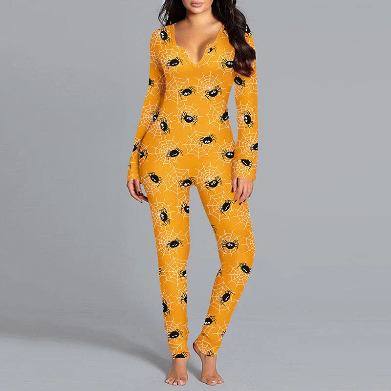 Cozy and stylish Halloween-themed pajama jumpsuit with long sleeves and a variety of color options