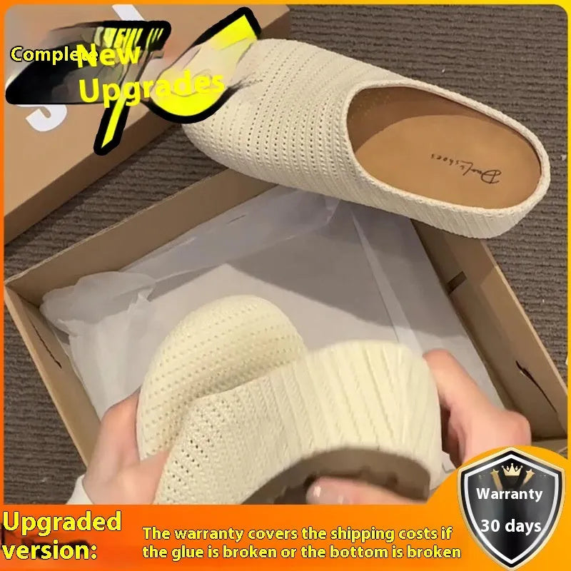 Baotou Boken women's cloth upper slippers with rubber sole in beige, shown in a leisure setting.