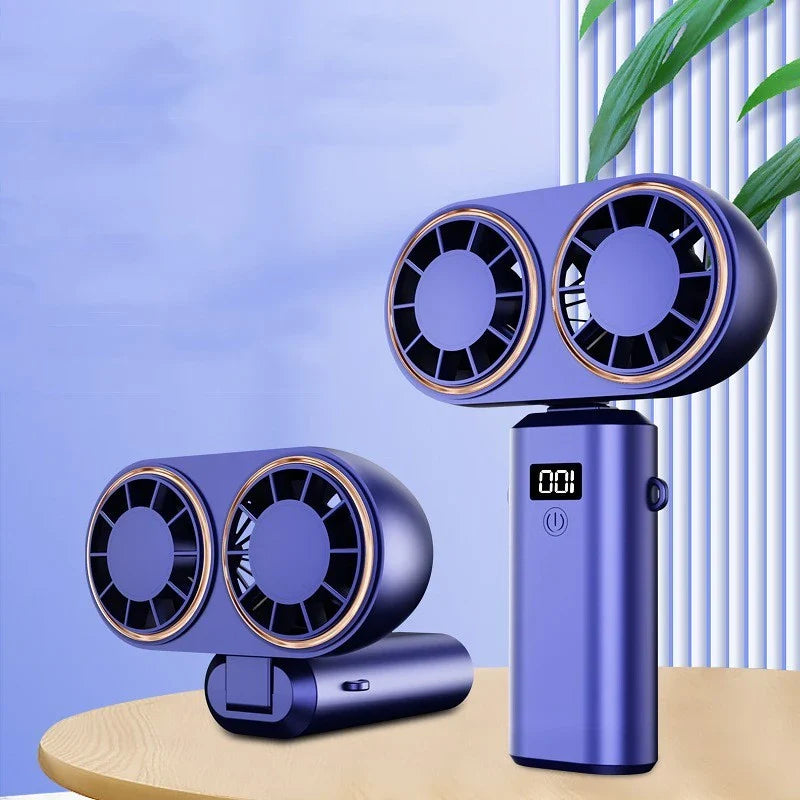 Portable USB-powered handheld fan with foldable design, adjustable speeds, and digital display