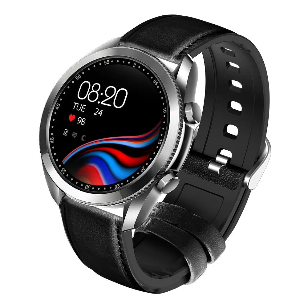 UM90 black smartwatch with leather strap showing large screen displaying heart rate and call function.