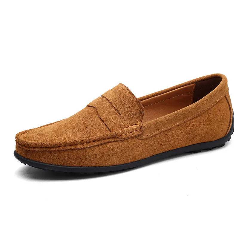 Men's suede casual loafers in brown with a round toe and rubber sole, shown in a UK plus size.