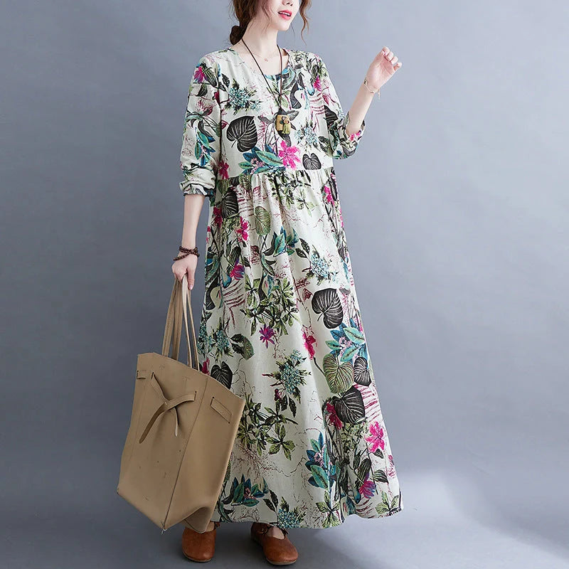 Elegant plus size printed cotton blend dress for women, stylish and comfortable