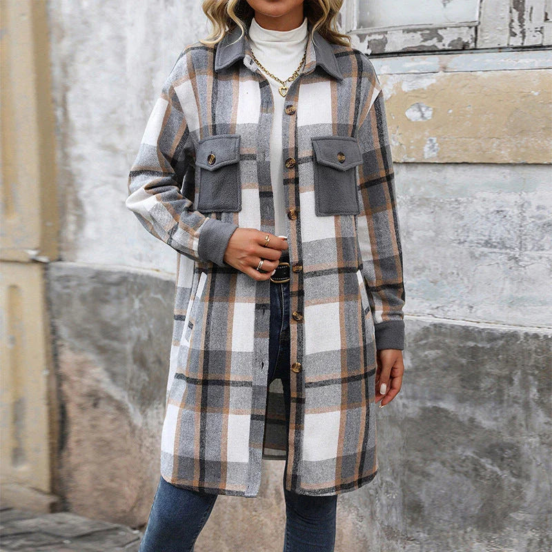 Stylish brushed plaid long coat with pockets, available in coffee, grey, and wine red colors