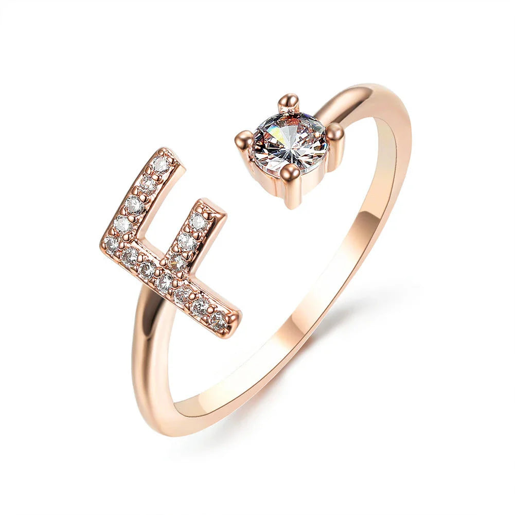 Personalized Initial Letter Crystal Ring with Adjustable Design in Gold, Silver, and Rose Gold Colors