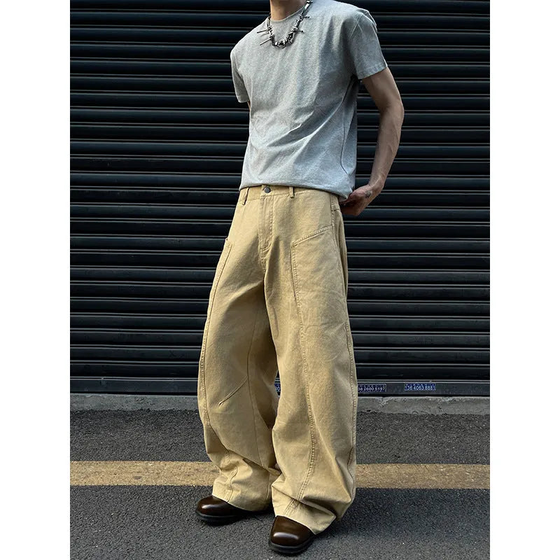 Men's khaki cotton straight-leg casual trousers American retro style