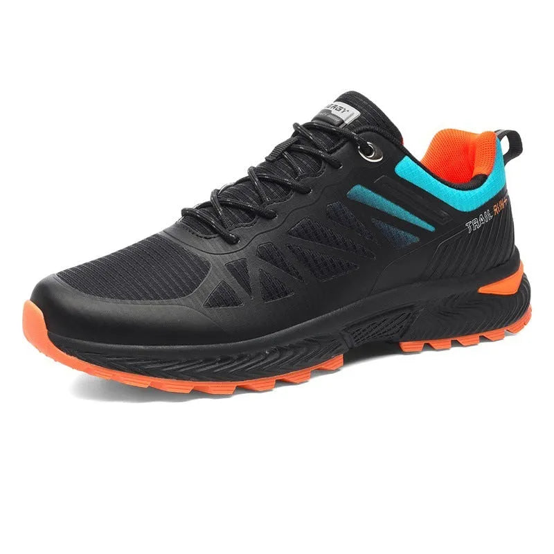 Men's black outdoor running shoes with mesh surface and lace-up closure on neutral background