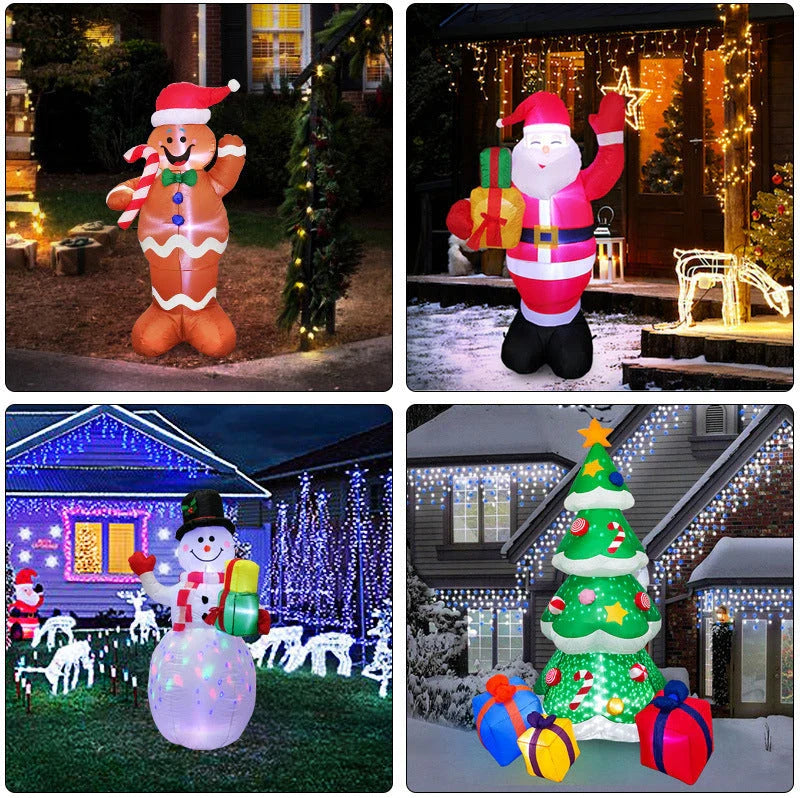 Glowing Christmas inflatables with Santa, snowman, Christmas tree, and gingerbread man designs
