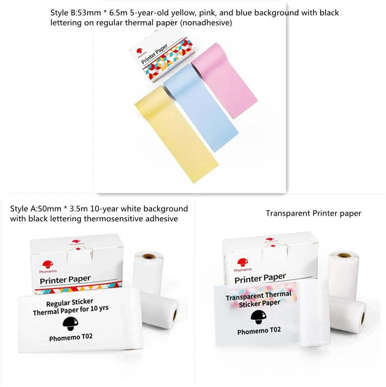 Compact Bluetooth-enabled thermal label printer in white, pink, and green colors with various label options