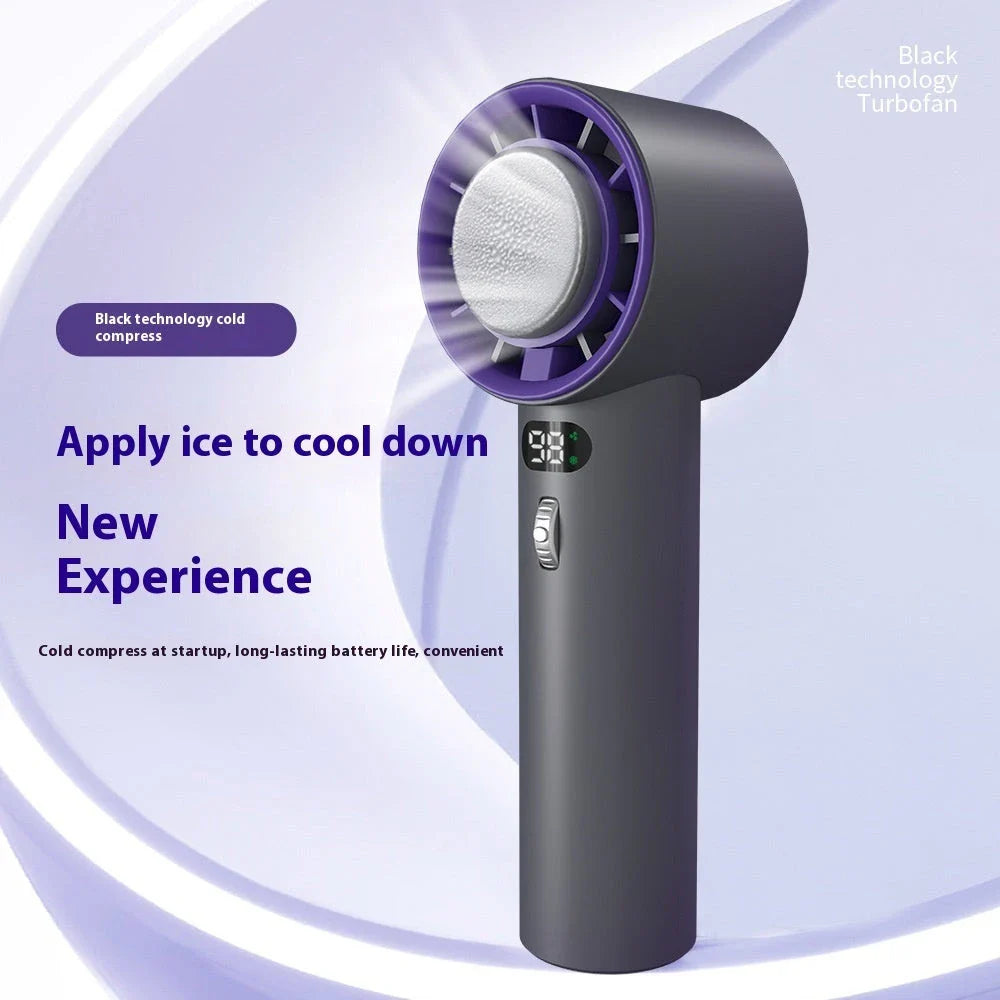 Powerful portable handheld turbine fan with cooling system, adjustable airflow, long-lasting battery, and compact design for on-the-go refreshment.