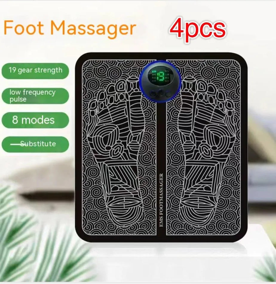 Portable EMS foot massager pad showing remote control and foldable 32.5x29.5cm design