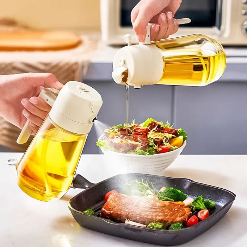 Premium 470mL glass oil sprayer with dual mist and pour functionality, ideal for cooking, baking, and grilling