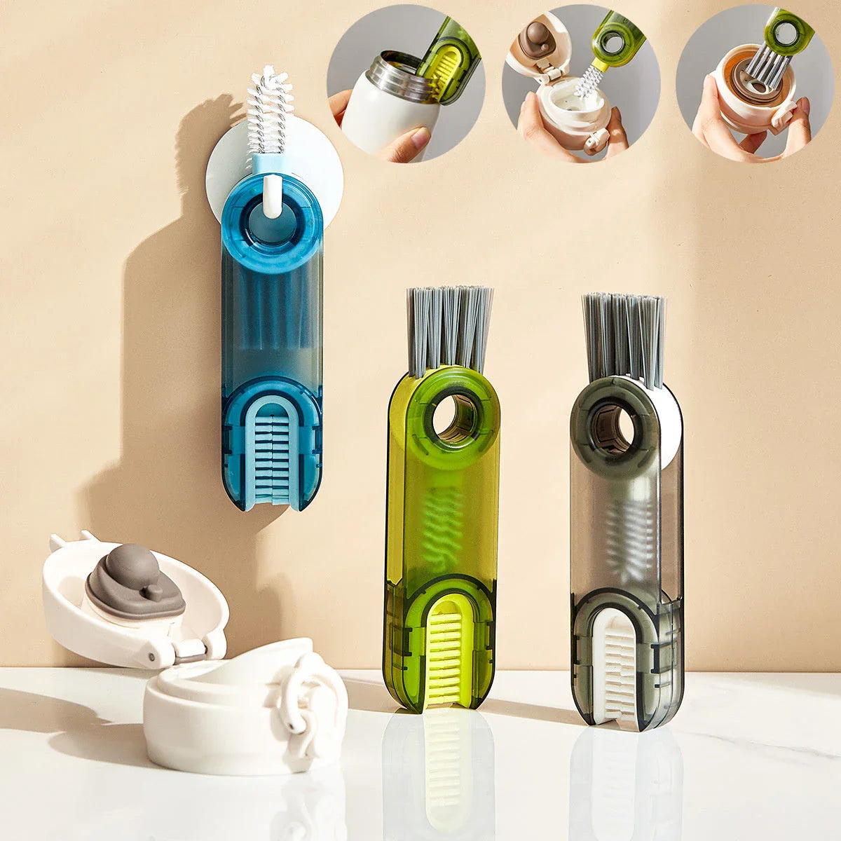 Premium 3-in-1 Cleaning Brush Set with Spiral Brush, Bevel Corner Brush, and Sponge for Cleaning Bottles, Cups, Straws, and More