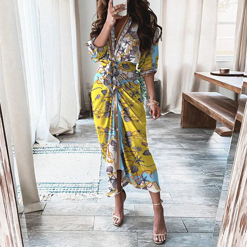 Elegant European and American printed maxi dress with long sleeves and lace-up detailing in various floral prints and colors