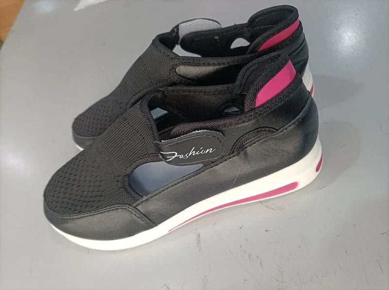 Stylish and comfortable women's mesh sneakers with cushioned soles, available in red, black, blue, and pink colors in sizes 35 to 43.