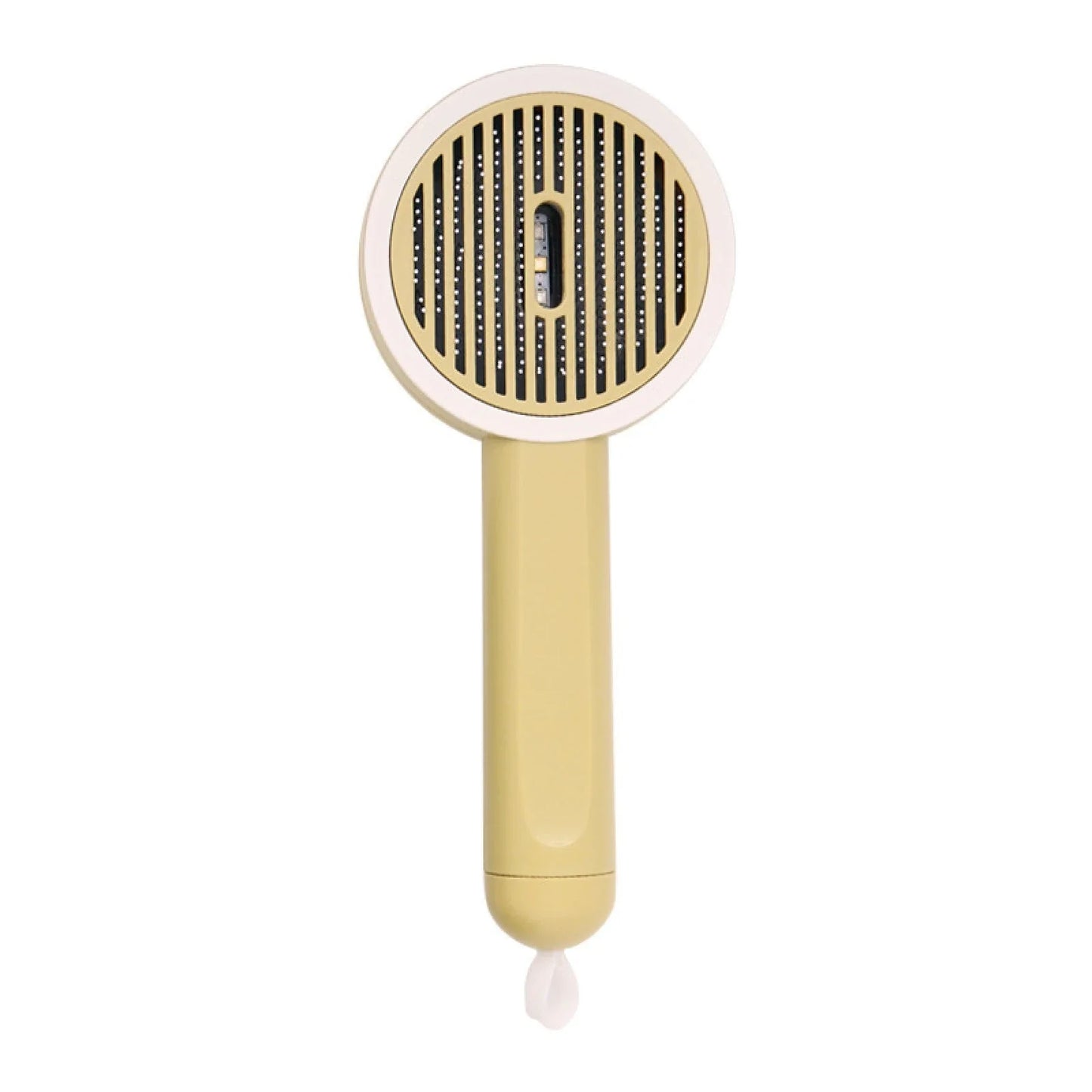 Rechargeable pet grooming brush with UV sterilization, automatic hair removal, and ergonomic floating comb design