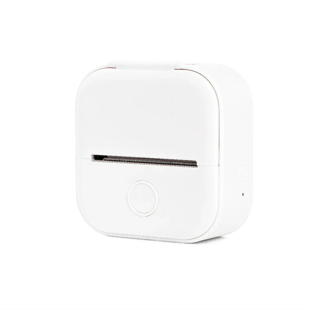 Compact Bluetooth-enabled thermal label printer in white, pink, and green colors with various label options