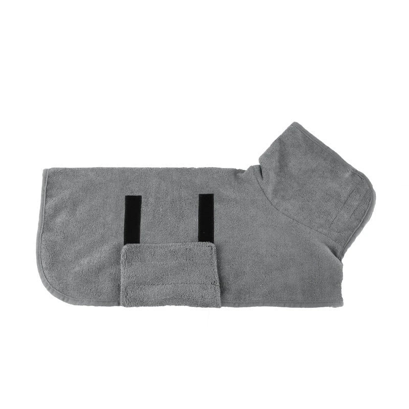 Absorbent pet drying robe with adjustable waist wrap, made of premium microfiber and terry cloth for quick drying and comfort