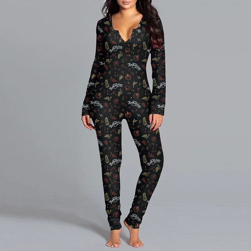 Cozy and stylish Halloween-themed pajama jumpsuit with long sleeves and a variety of color options