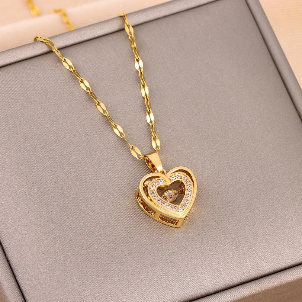 Double-layer love necklace with rhinestones and titanium steel pendant, a stylish and durable fashion accessory