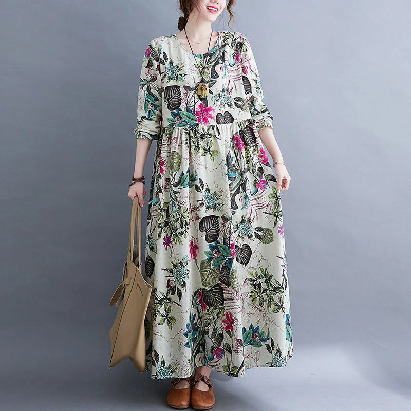 Elegant plus size printed cotton blend dress for women, stylish and comfortable