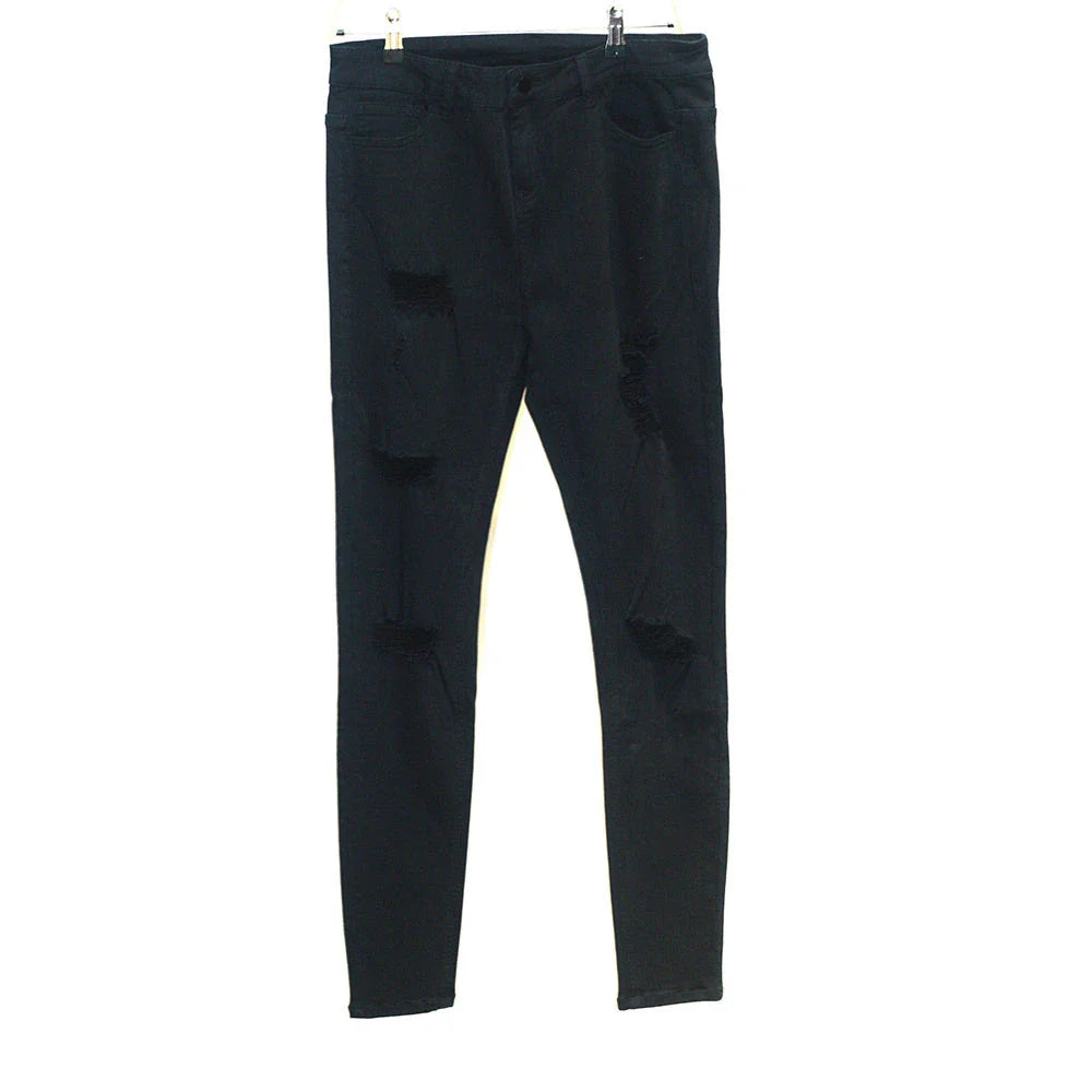 Trendy distressed black skinny jeans for men, featuring a super-elastic cotton construction and edgy, lived-in look