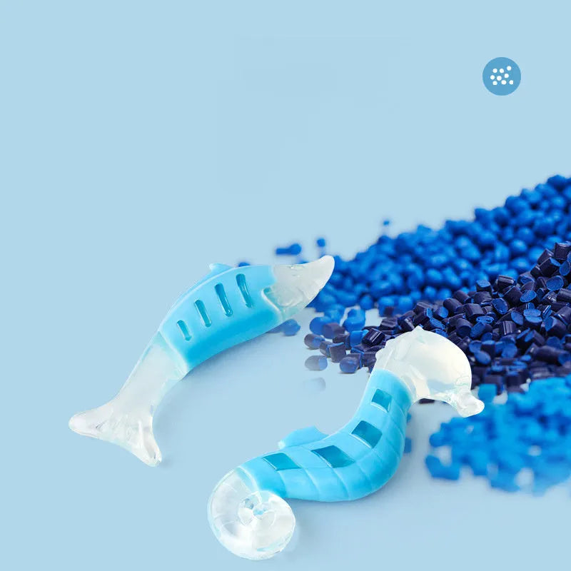 Two PU nylon dog chew toys: one seahorse shape and one tuna shape, on a white background.