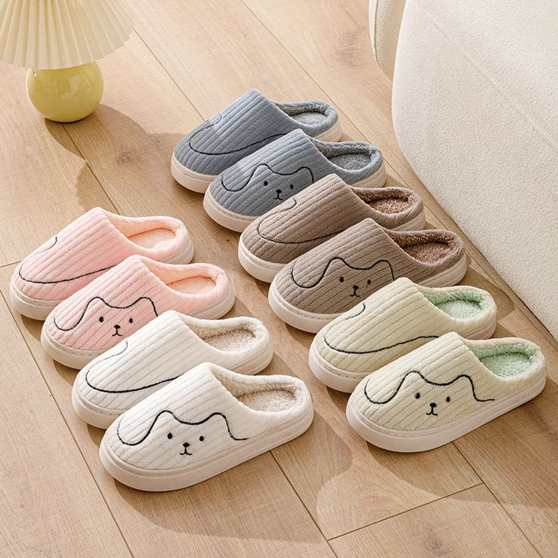Cozy cat-themed house slippers in various colors with plush fabric and non-slip rubber soles