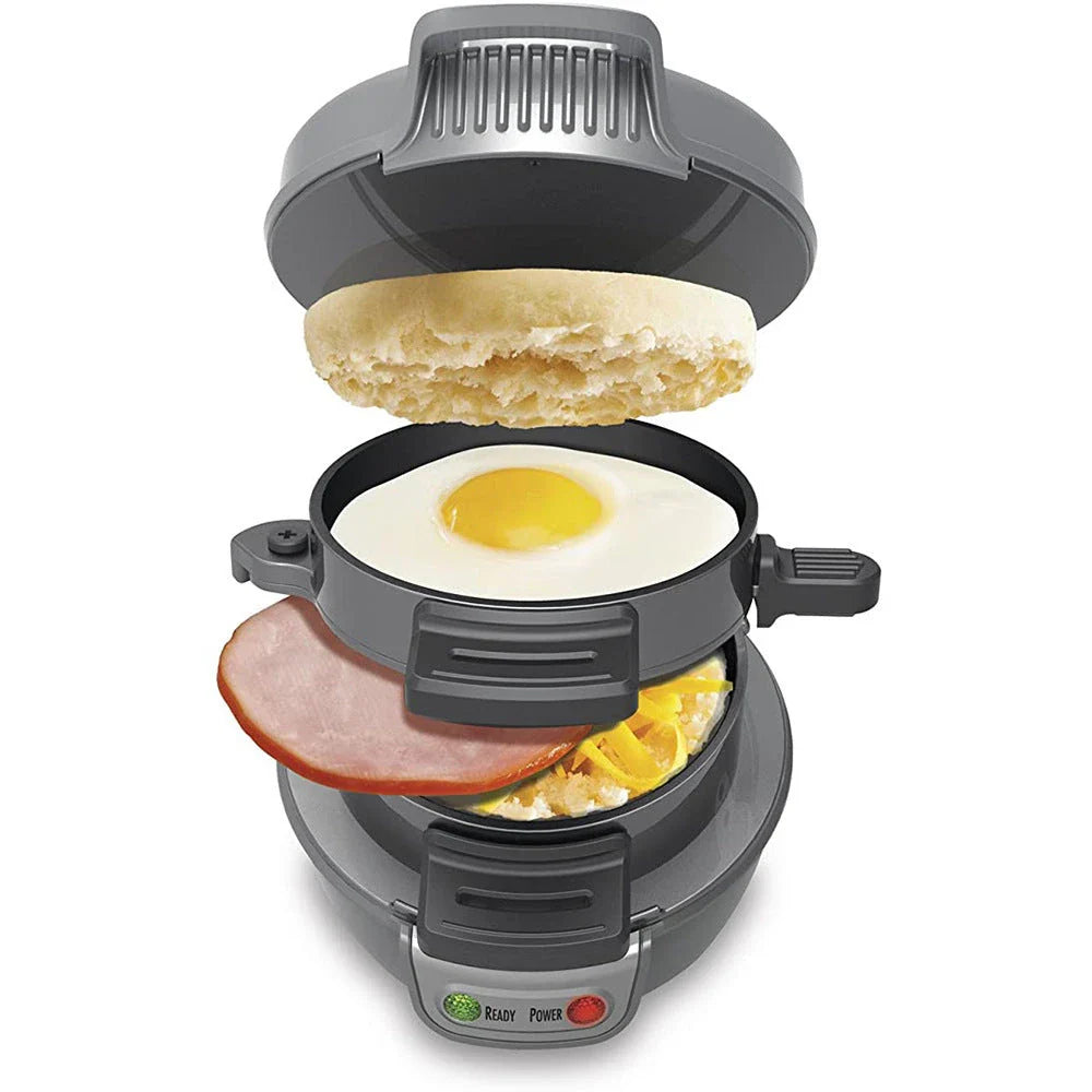 A versatile breakfast sandwich maker with a custom egg ring, creating perfectly cooked sandwiches with crisp bread and tender fillings